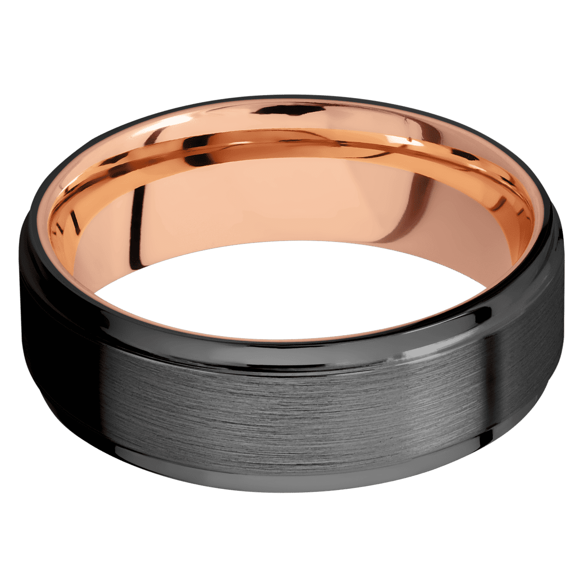 Zirconium + Satin Polish Finish + 14K Rose Gold - 7 mm wide Flat Grooved Edges Zirconium band featuring a 14K Rose Gold