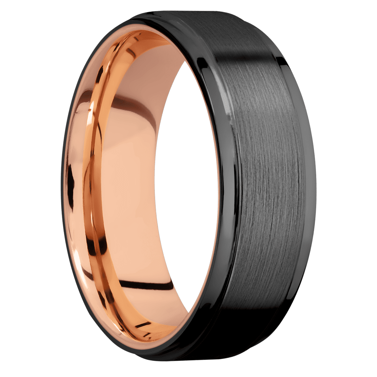 Zirconium + Satin Polish Finish + 14K Rose Gold - 7 mm wide Flat Grooved Edges Zirconium band featuring a 14K Rose Gold