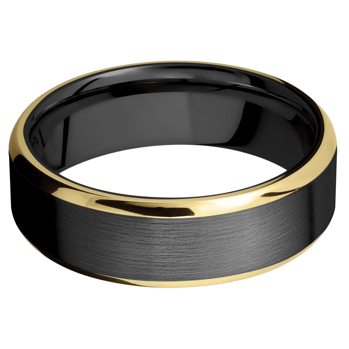 Zirconium + Satin Polish Finish - 7 mm wide/Beveled/Zirconium band with two 1 mm Edge inlays of 14K Yellow Gold.