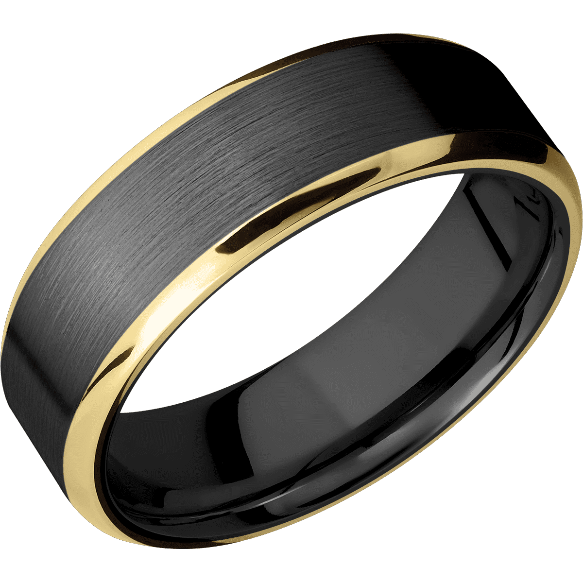 Zirconium + Satin Polish Finish - 7 mm wide/Beveled/Zirconium band with two 1 mm Edge inlays of 14K Yellow Gold.