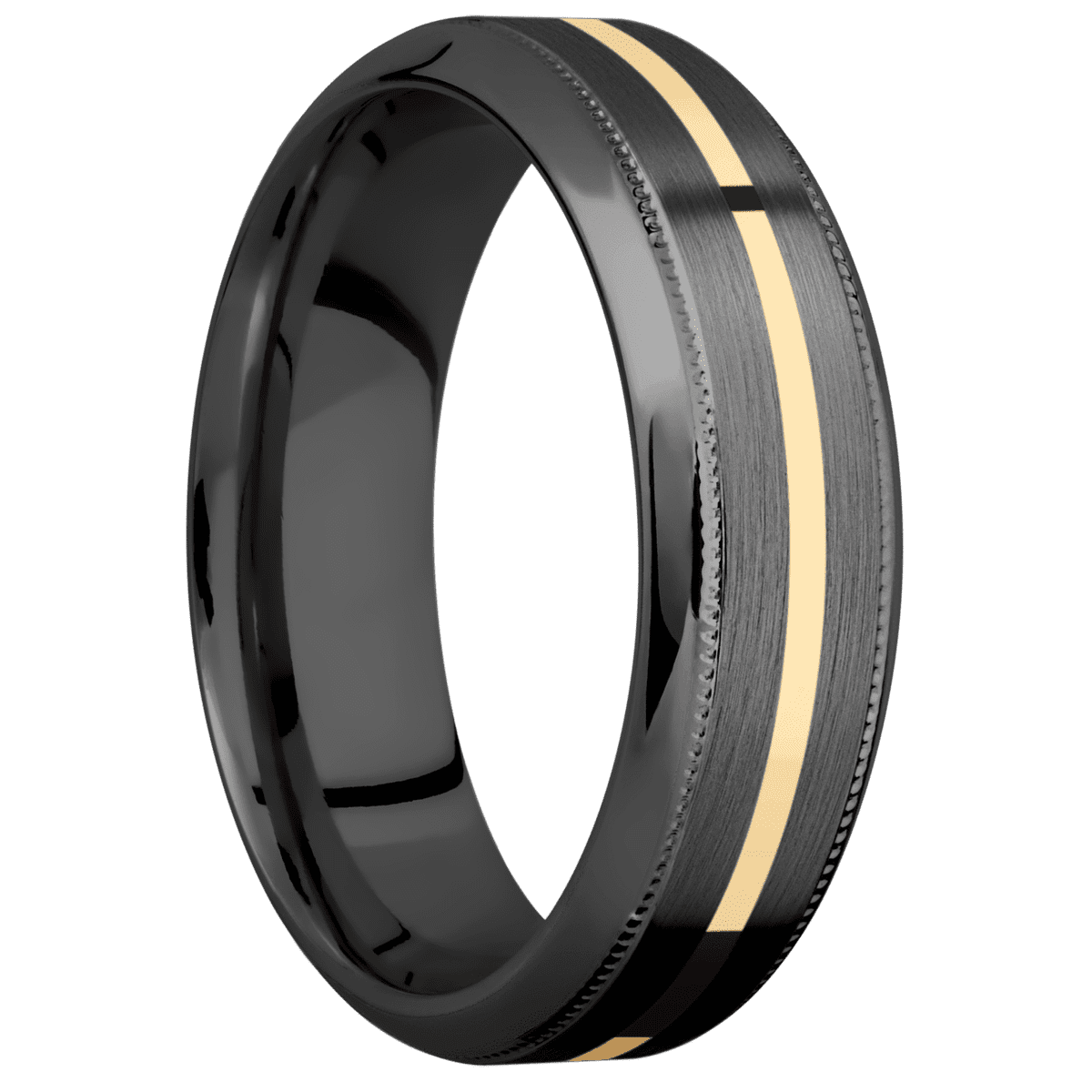 Zirconium + Satin Polish Finish - 7 mm wide/High Bevel Milgrain/Zirconium band with one 1 mm Centered inlay of 14K