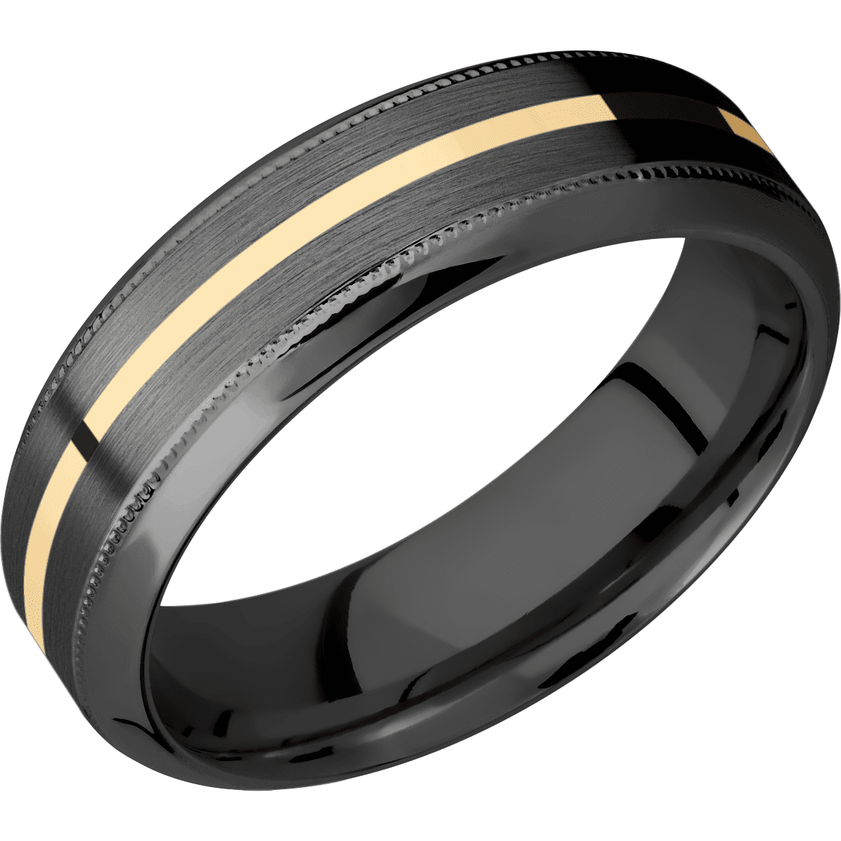Zirconium + Satin Polish Finish - 7 mm wide/High Bevel Milgrain/Zirconium band with one 1 mm Centered inlay of 14K