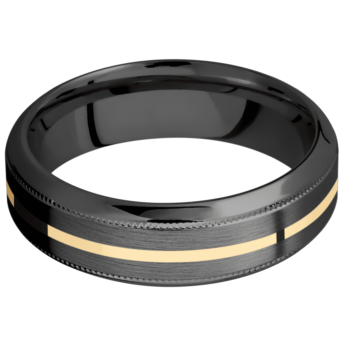 Zirconium + Satin Polish Finish - 7 mm wide/High Bevel Milgrain/Zirconium band with one 1 mm Centered inlay of 14K