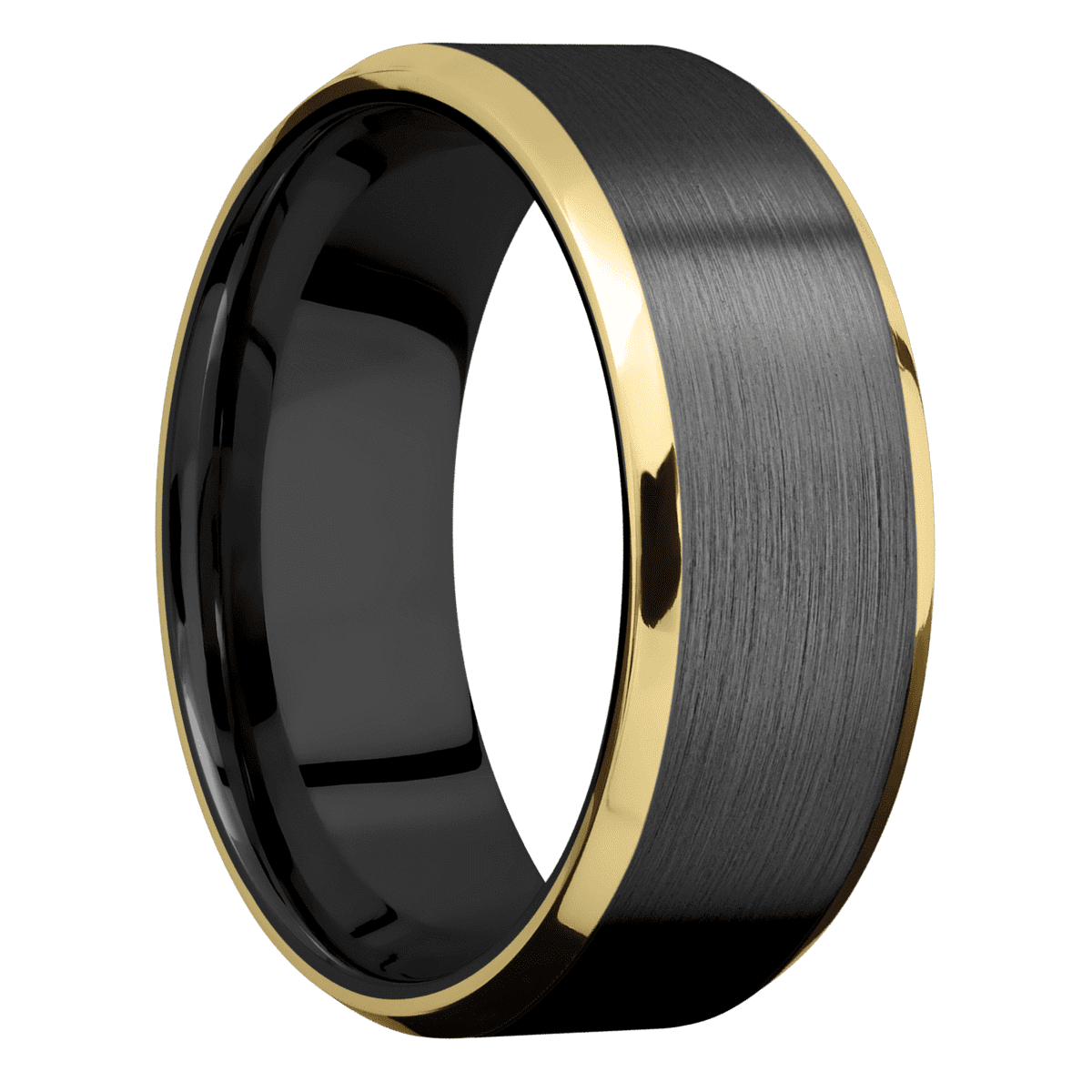 Zirconium + Satin Polish Finish - 8 mm wide/Beveled/Zirconium band with two 1 mm Edge inlays of 14K Yellow Gold.