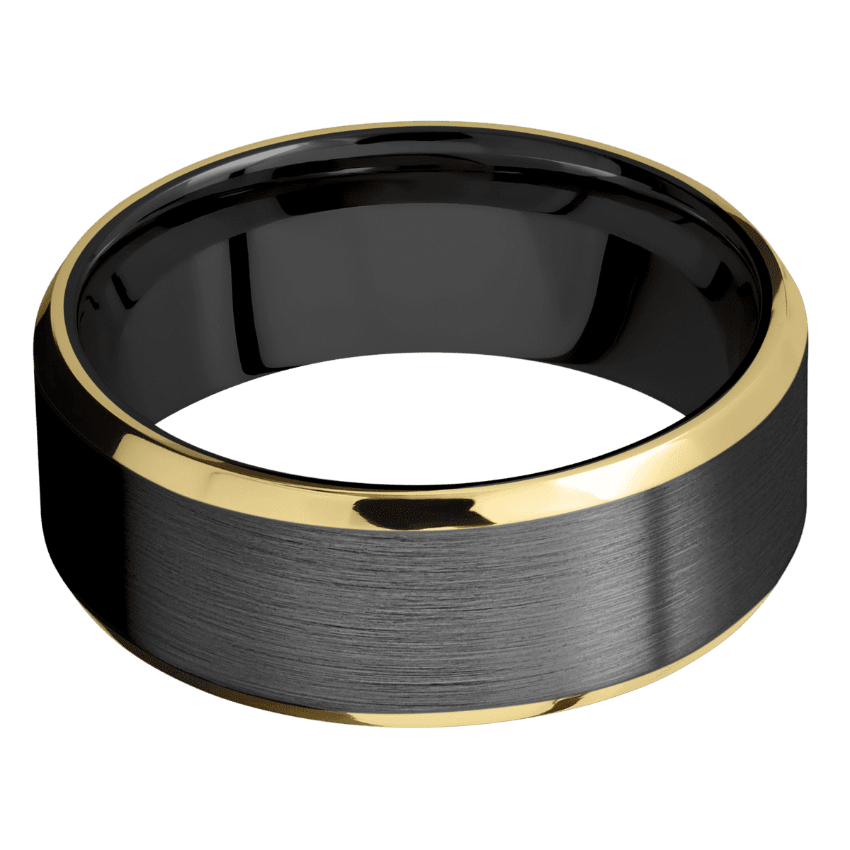 Zirconium + Satin Polish Finish - 8 mm wide/Beveled/Zirconium band with two 1 mm Edge inlays of 14K Yellow Gold.